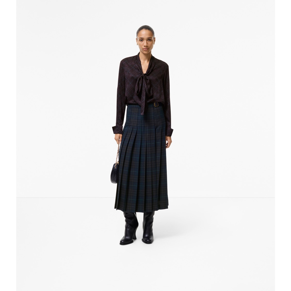  Check Pleated Wool Blend Skirt