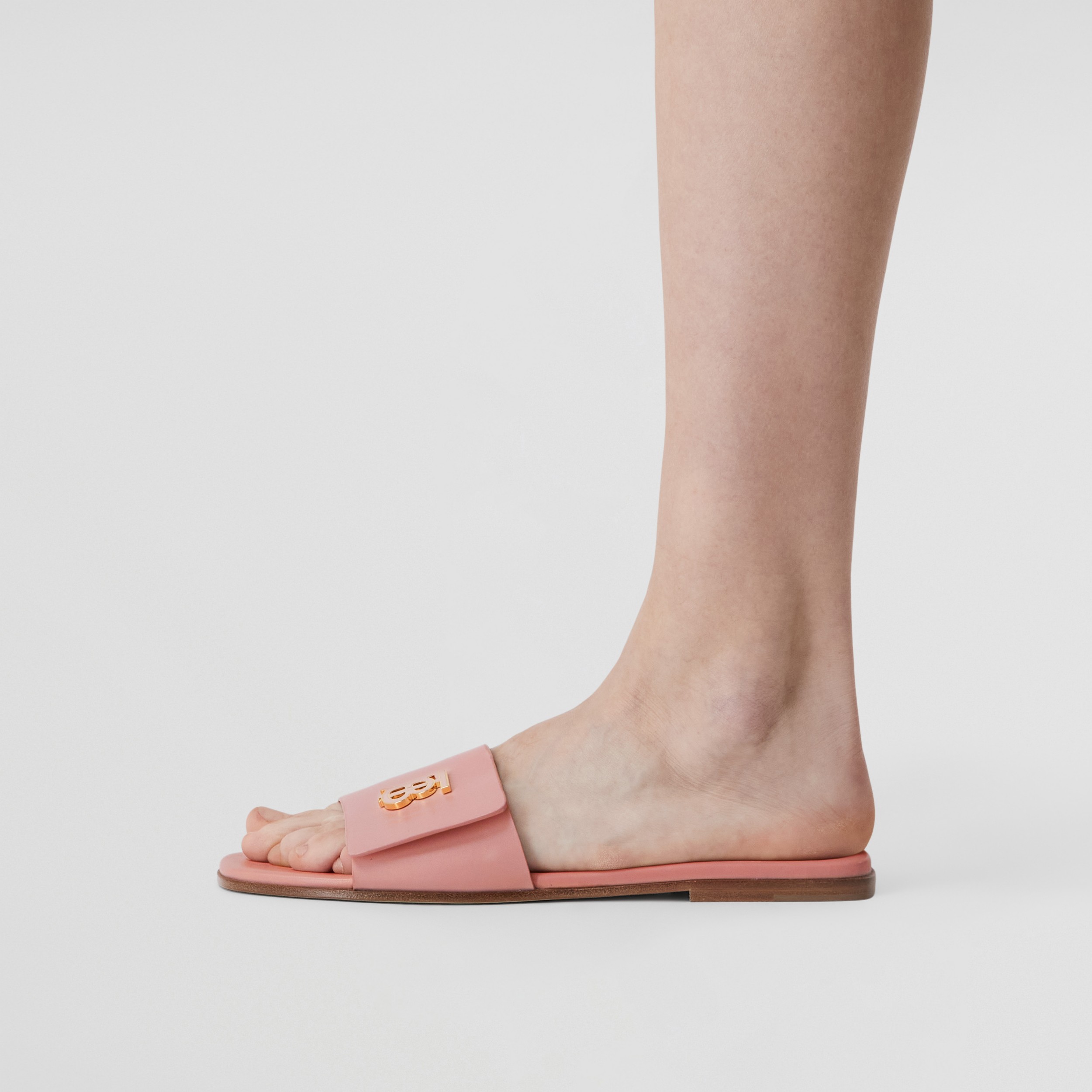 Monogram Motif Leather Slides in Dusky Pink - Women | Burberry® Official - 3