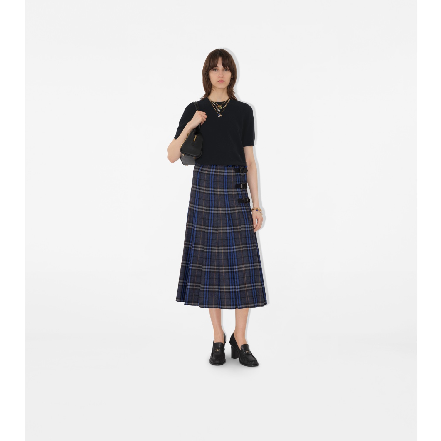 Saia kilt mídi de lã em Check