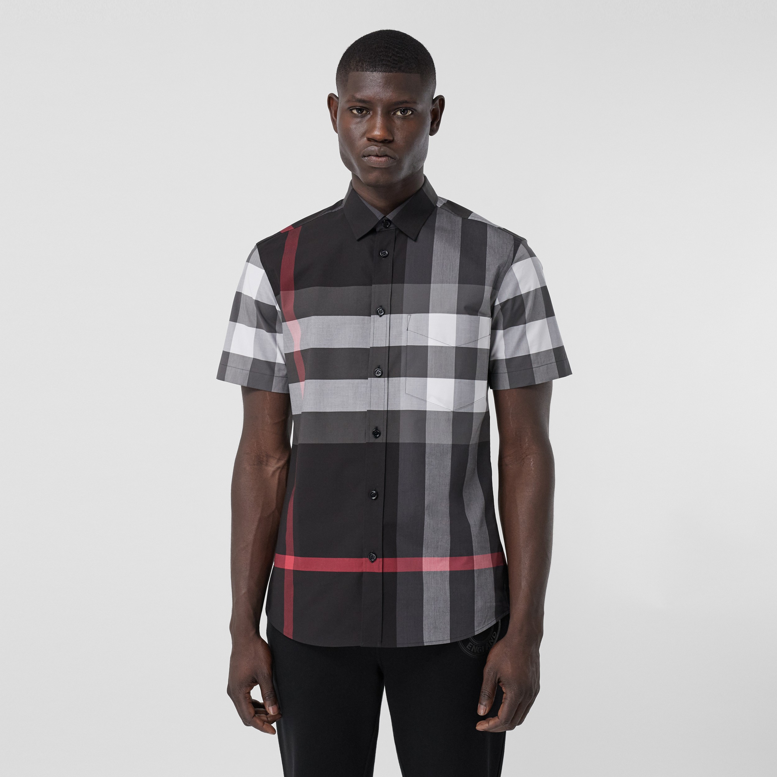 Short-sleeve Check Stretch Cotton Poplin Shirt in Charcoal - Men | Burberry® Official - 4