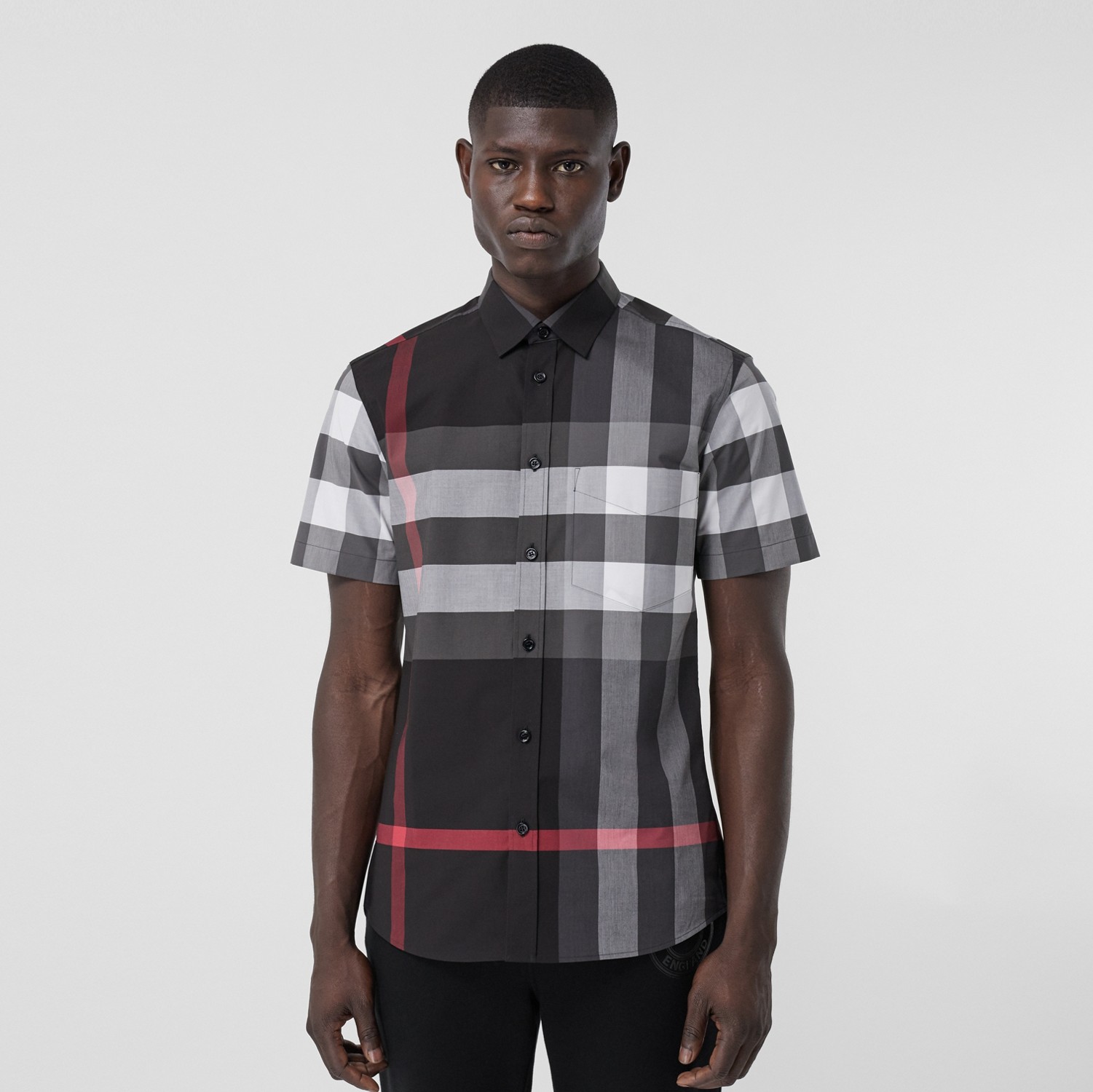 Short-sleeve Check Stretch Cotton Poplin Shirt in Charcoal - Men | Burberry® Official