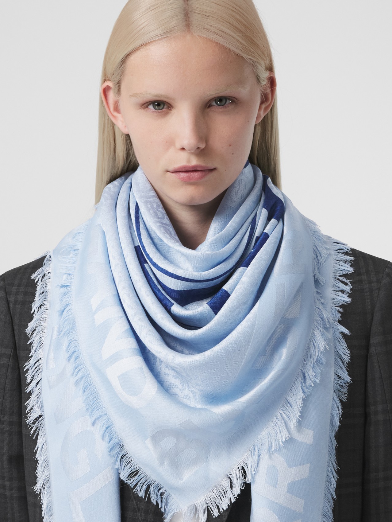 Logo Graphic Silk Wool Jacquard Large Square Scarf in Pale Blue