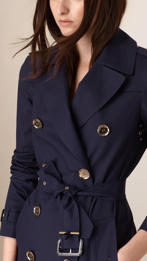 Cotton Trench Coat with Goldtone Button Detail in Navy Women