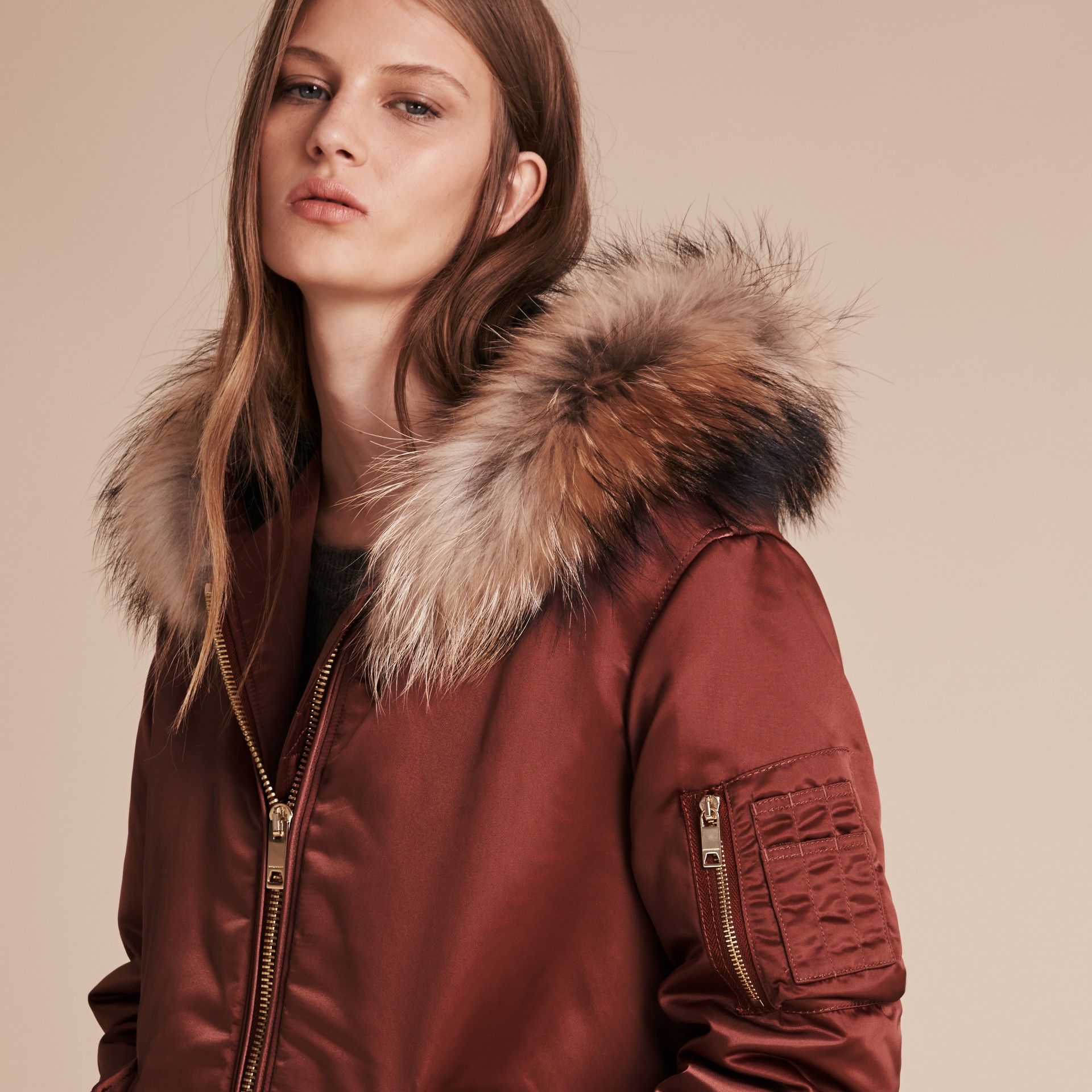 Longline Satin Bomber Jacket with Furtrimmed Hood Antique Rose Burberry