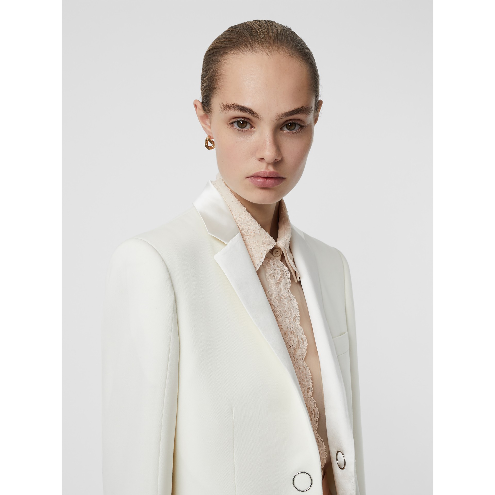 Silk Trim Pressstud Wool Tailored Jacket in Natural White Women