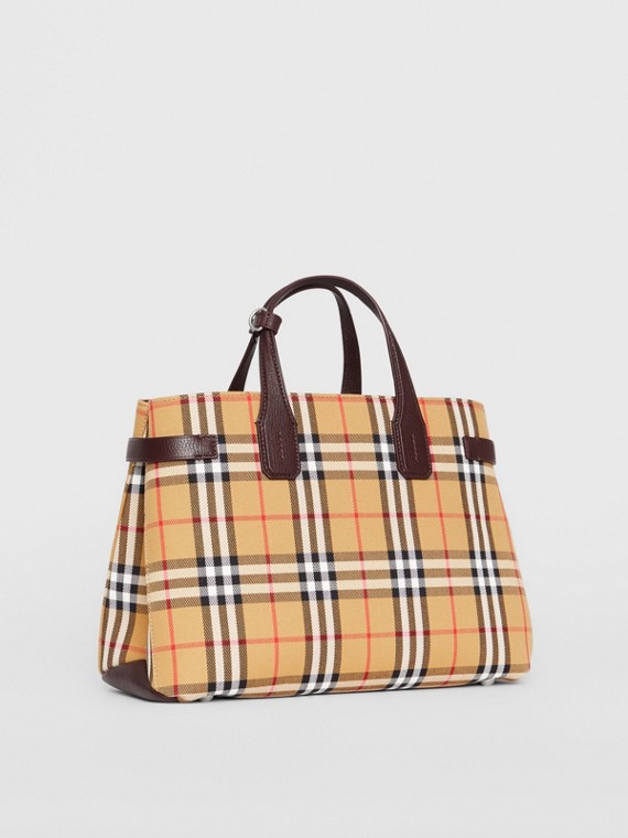 Women S Bags Check Leather Tote Burberry United Kingdom The Medium Banner In Vintage Check And Leather Deep Claret