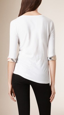 格子袖口弹力棉质上衣