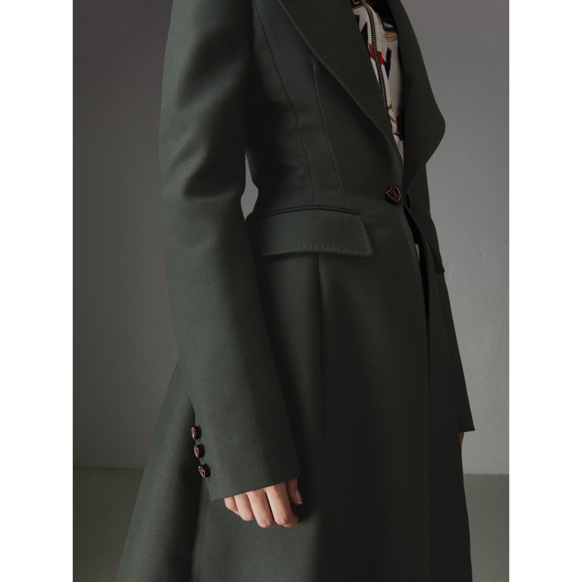 Crested Button Wool Tailored Coat in Racing Green/bright Navy Women Burberry Singapore