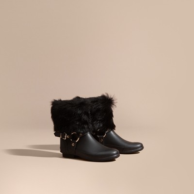 Belt Detail Shearling and Rubber Rain Boots | Burberry
