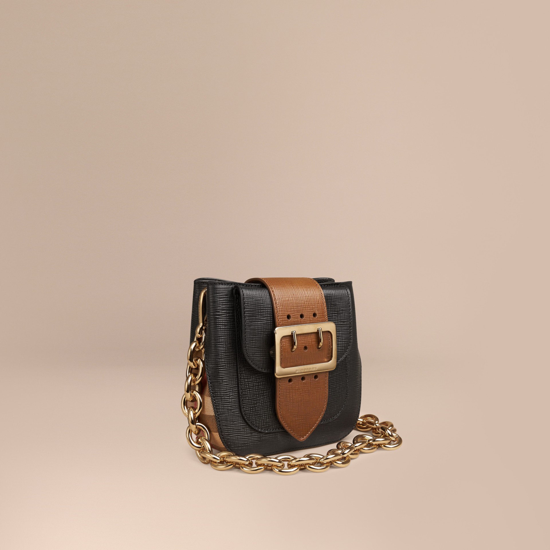 The Small Square Buckle Bag in Leather and House Check Black Burberry