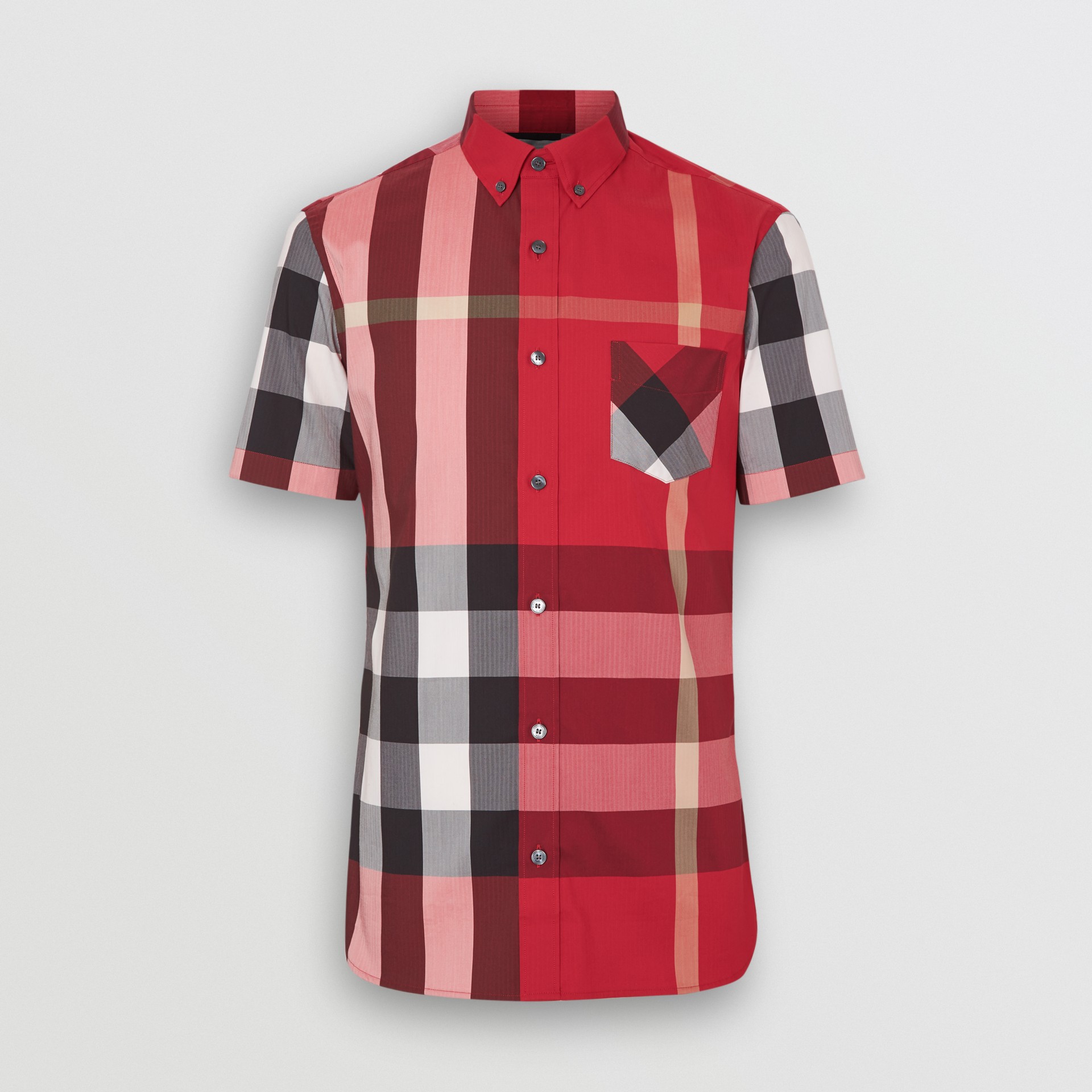 Short Sleeve Check Stretch Cotton Blend Shirt In Parade Red Men