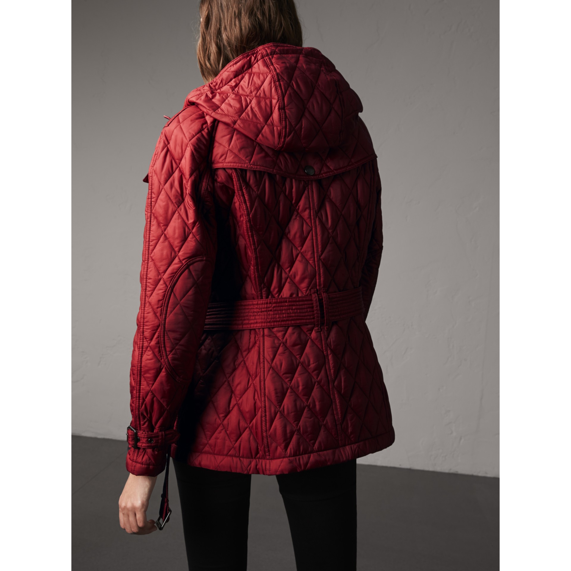 Quilted Trench Jacket with Detachable Hood in Dark Crimson Women