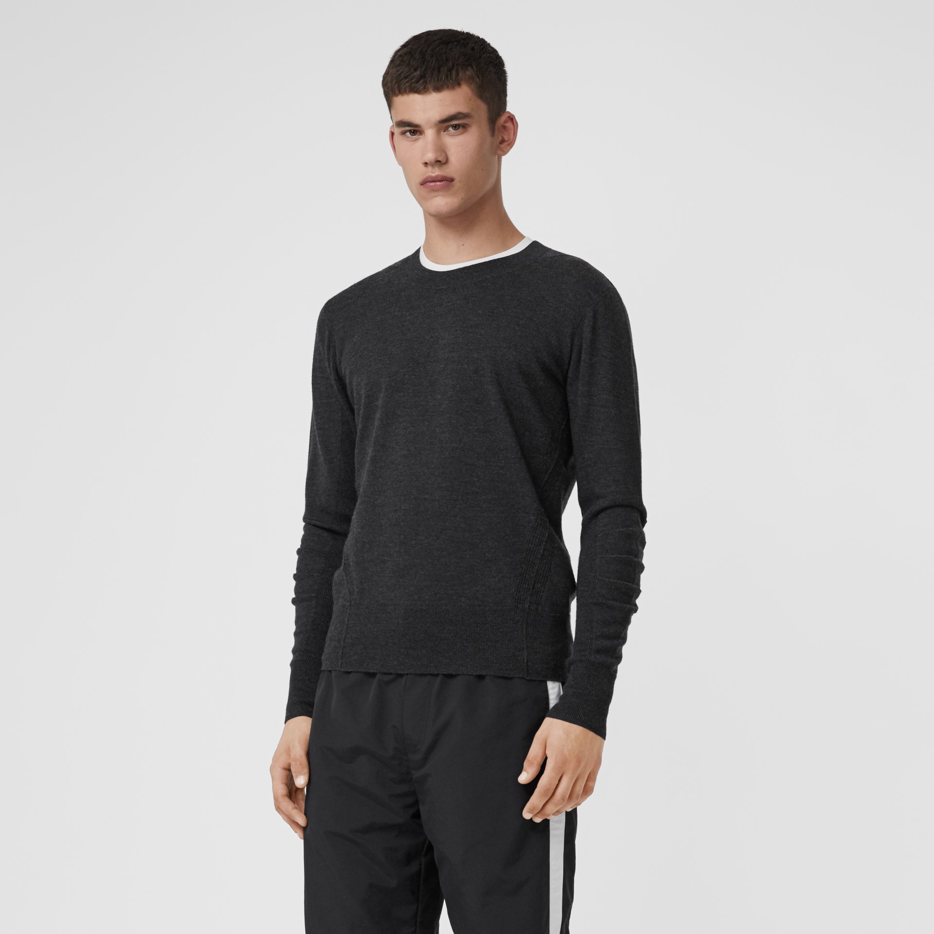 Check Detail Merino Wool Sweater in Charcoal - Men | Burberry United States