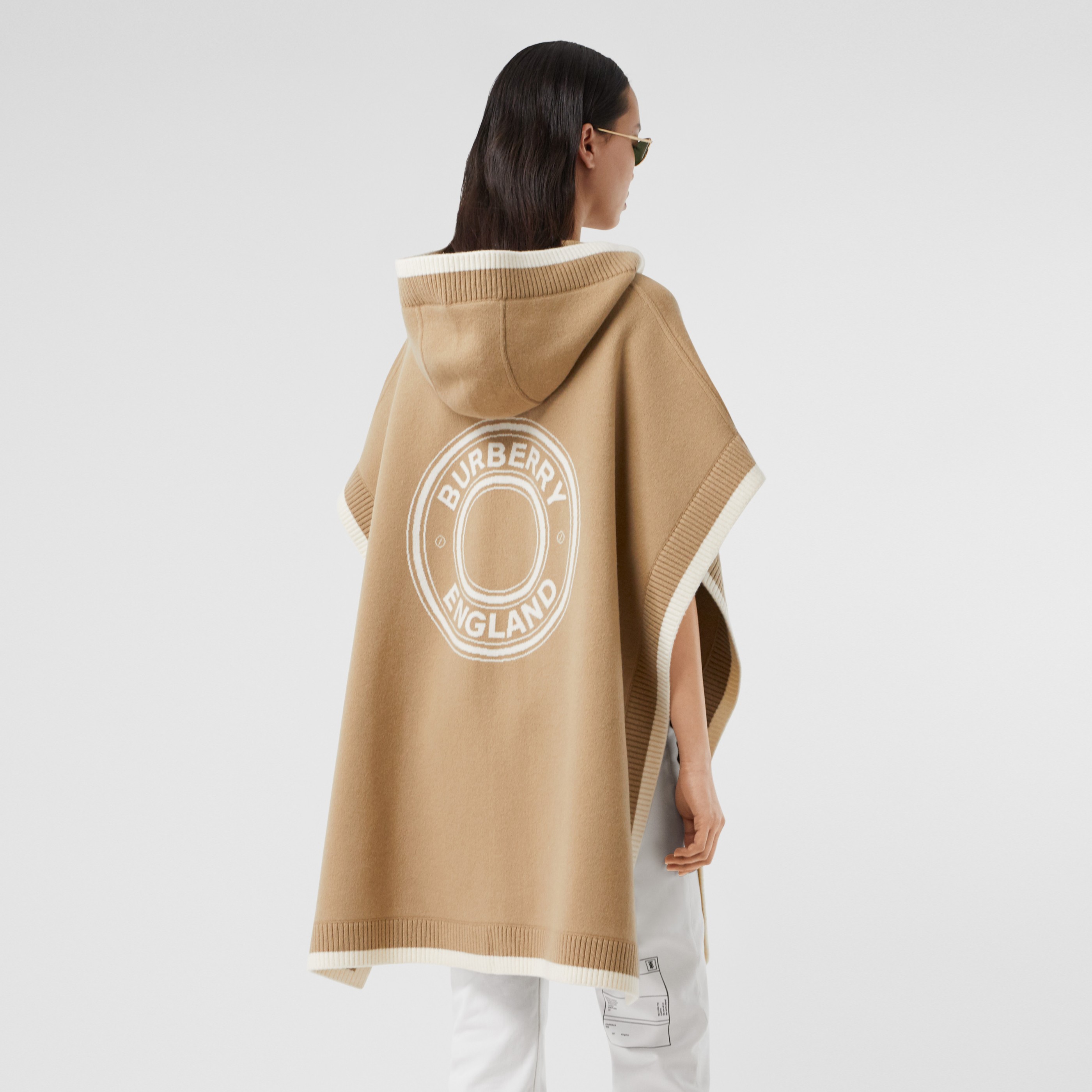 Logo Graphic Wool Cashmere Jacquard Hooded Cape In Archive Beige Women Burberry United Kingdom