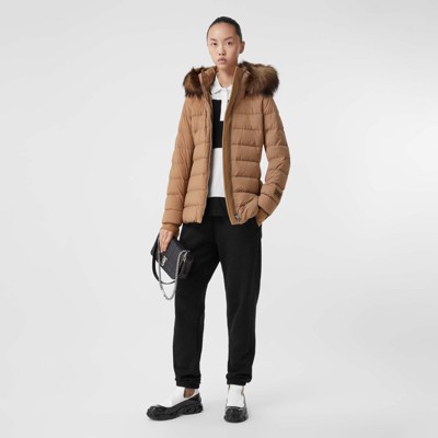 camel detachable faux fur trim coat