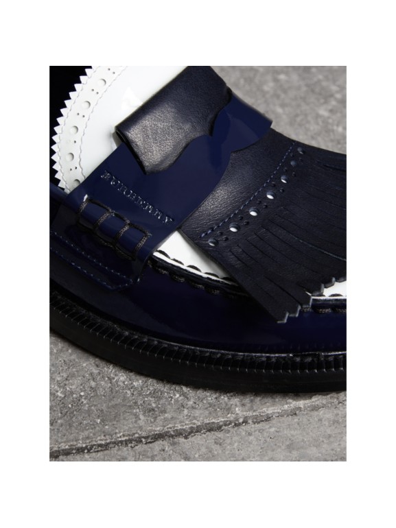 Tritone Kiltie Fringe Leather Loafers in Navy Women Burberry