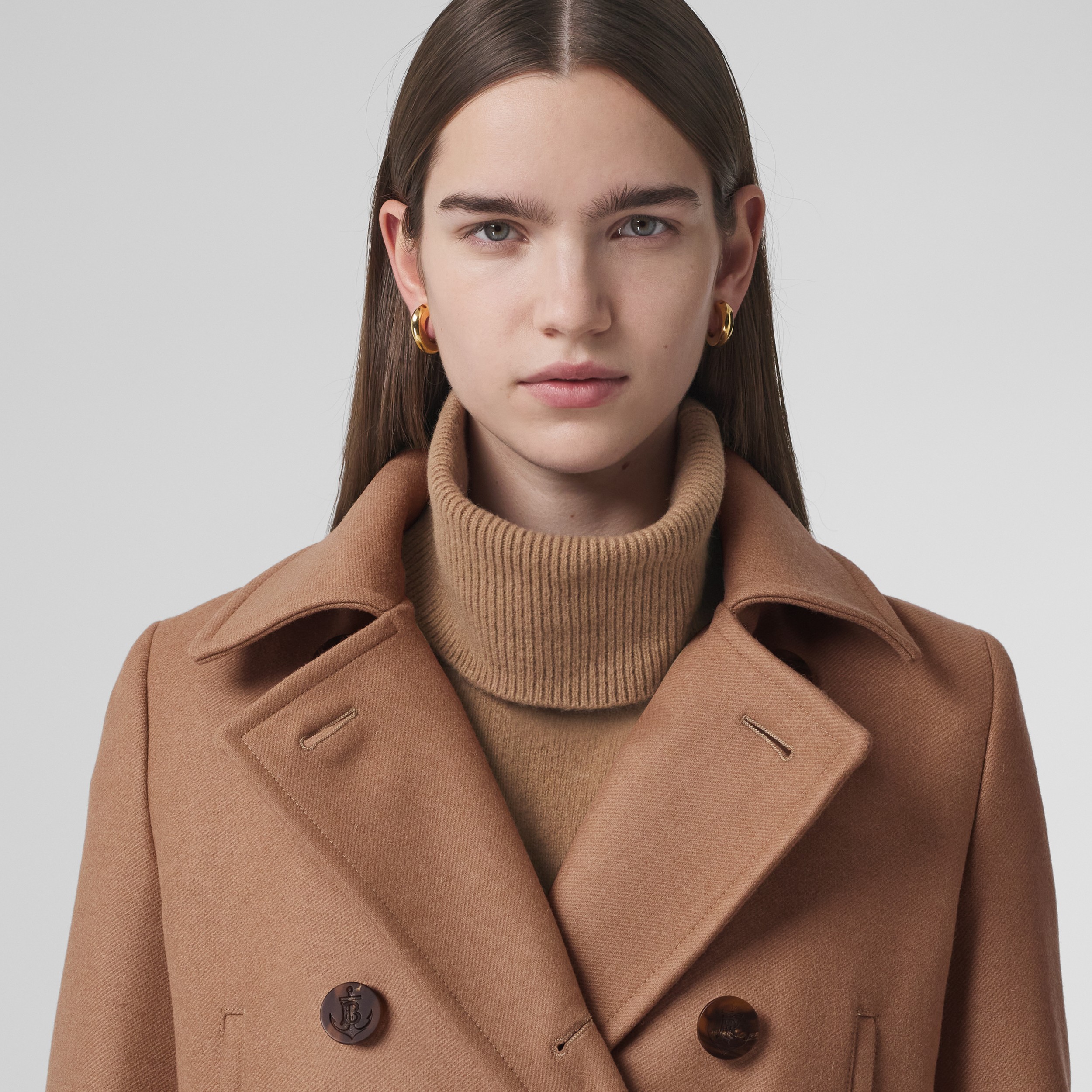 Embroidered Cuff Wool Pea Coat in Camel - Women | Burberry® Official - 2