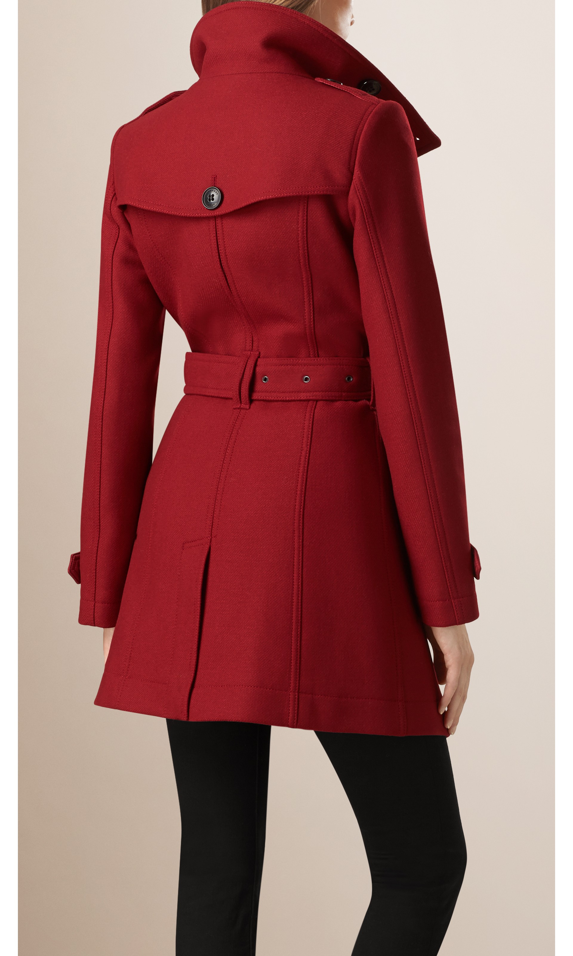 Funnel Neck Wool Cashmere Twill Trench Coat in Damson Red - Women ...