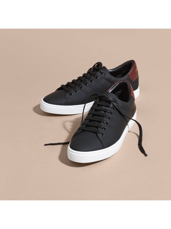 Perforated Check Leather Trainers in Black/deep Claret Melange - Men ...
