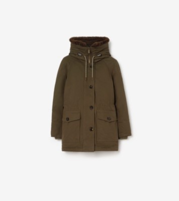 Shearling Trim Gabardine Parka in Juniper green - Women | Burberry® Official