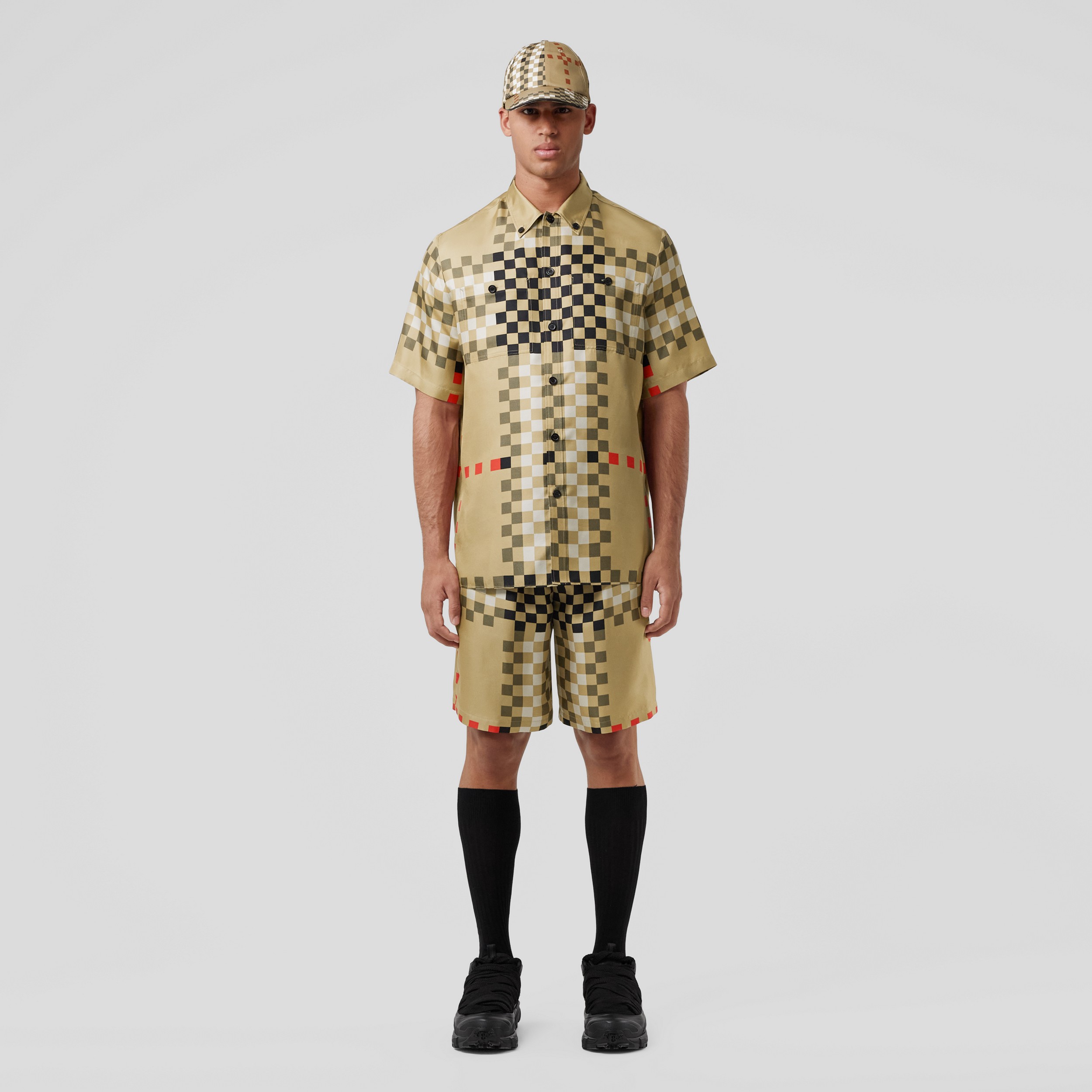 Short-sleeve Pixel Check Silk Shirt in Archive Beige - Men | Burberry® Official - 4
