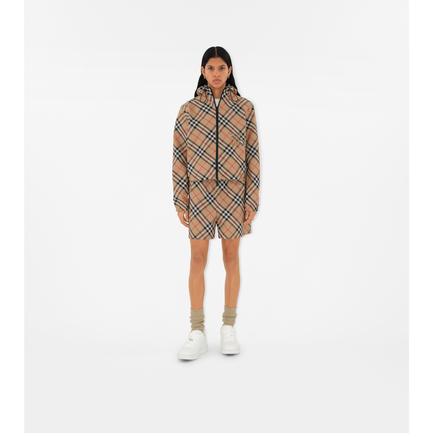 Cropped Reversible Check Jacket in Sand - Women, Nylon | Burberry 