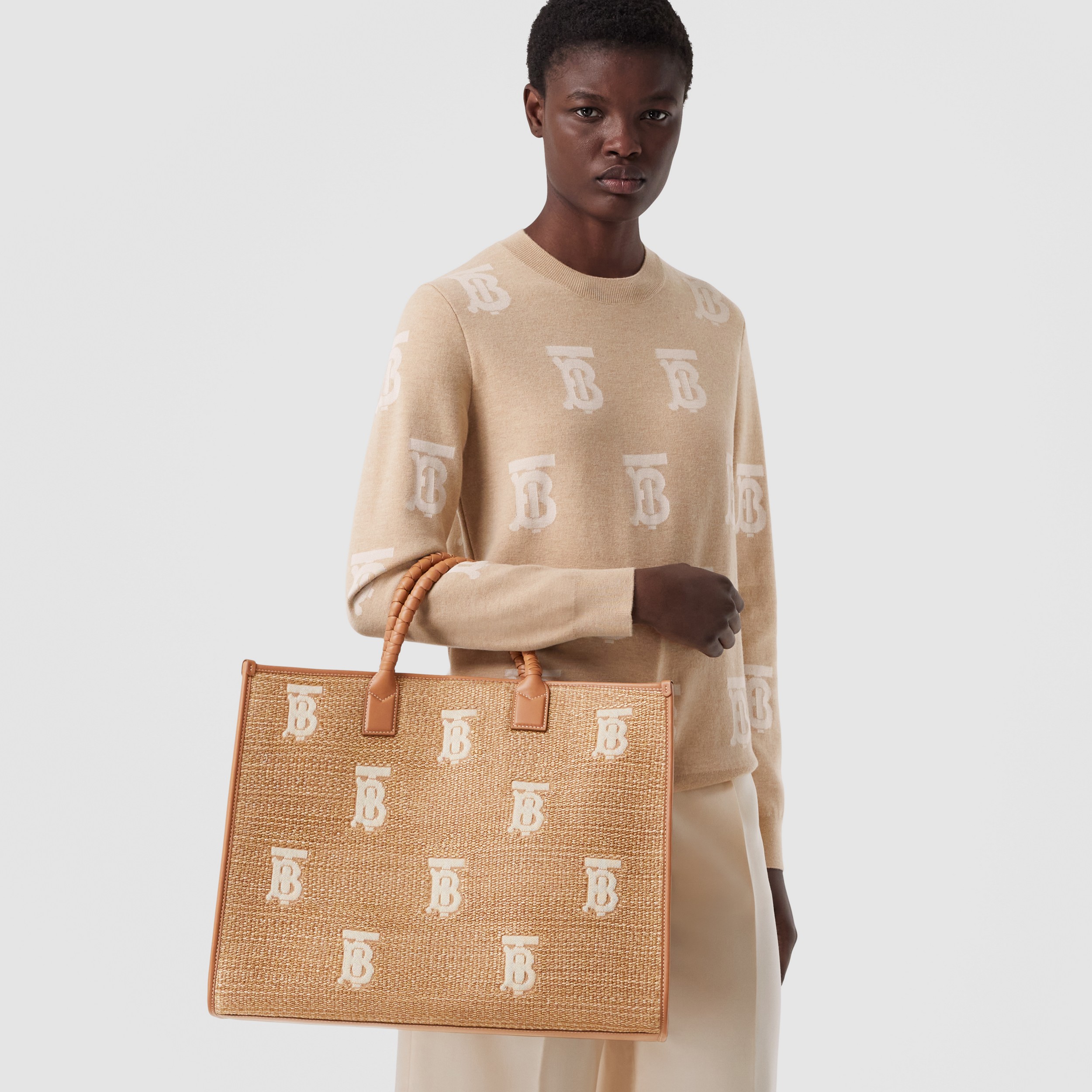 Large Monogram Raffia-effect Freya Tote in Natural - Women | Burberry® Official - 3