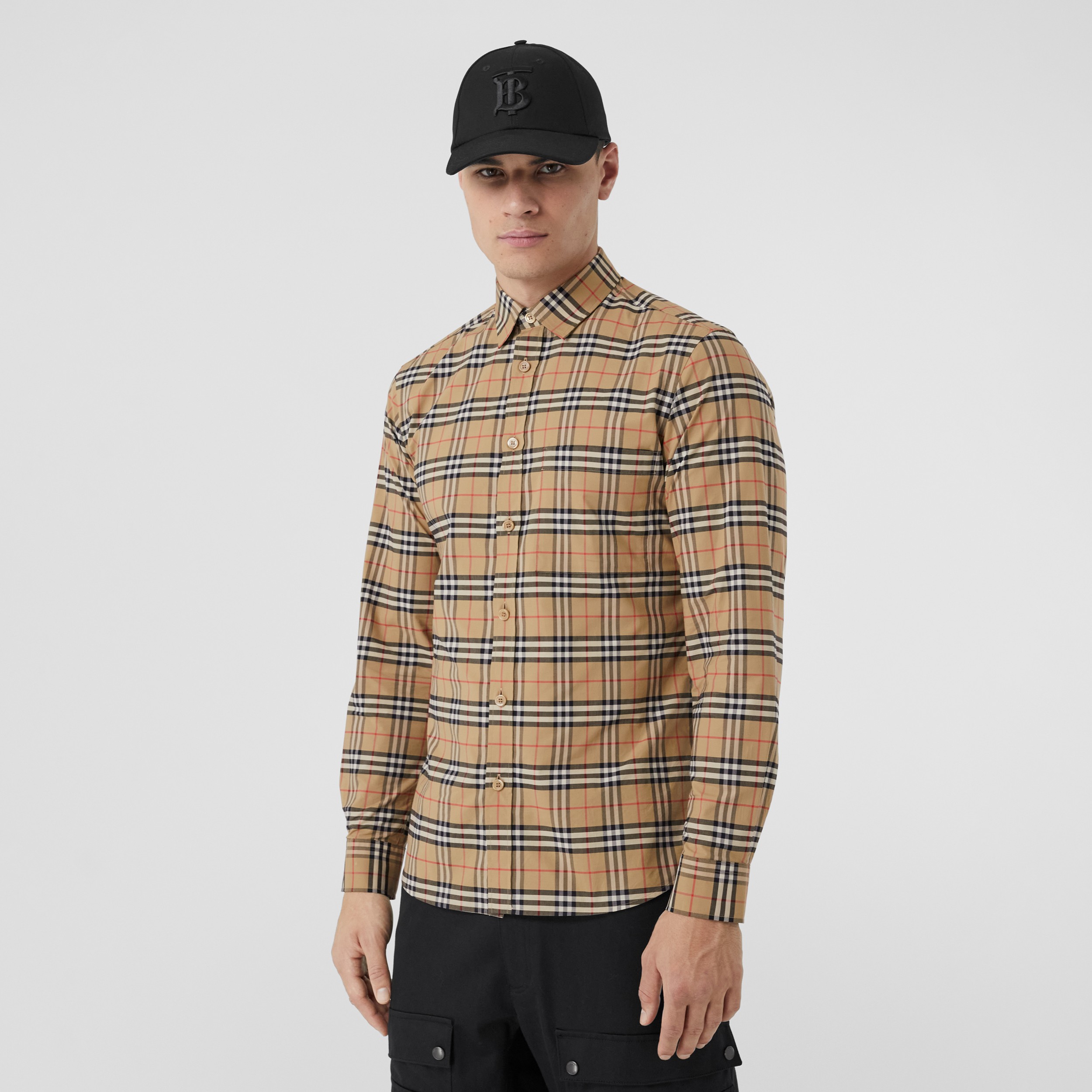 Camisa de algodão Check com stretch (Bege Clássico) - Homens | Burberry® oficial - 4