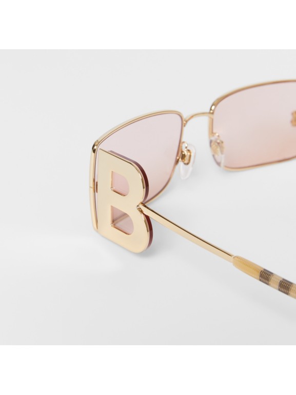 ‘b Lens Detail Rectangular Frame Sunglasses In Gold Burberry United States 