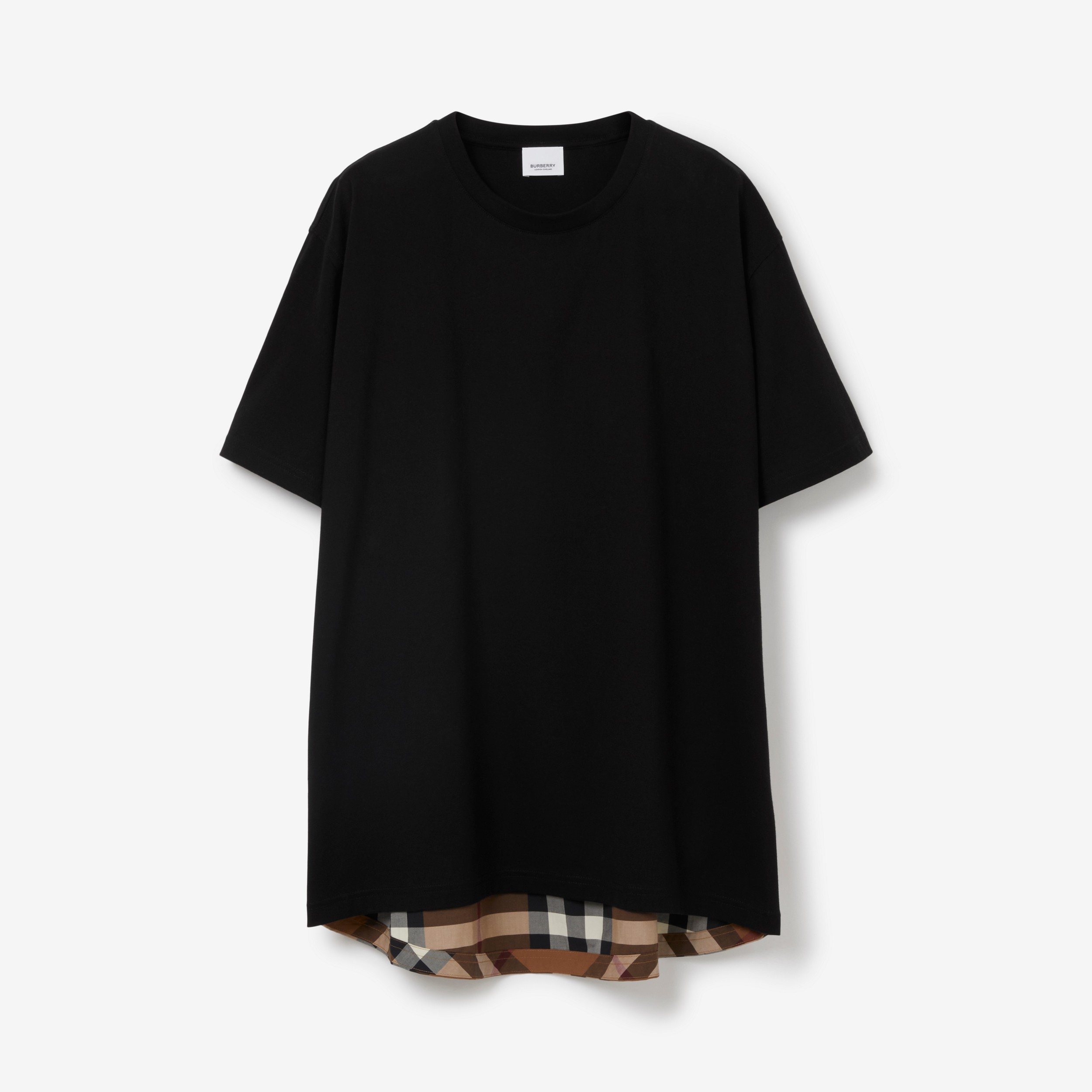 T-shirt oversize in cotone con inserto con motivo tartan (Nero) | Sito ufficiale Burberry® - 1
