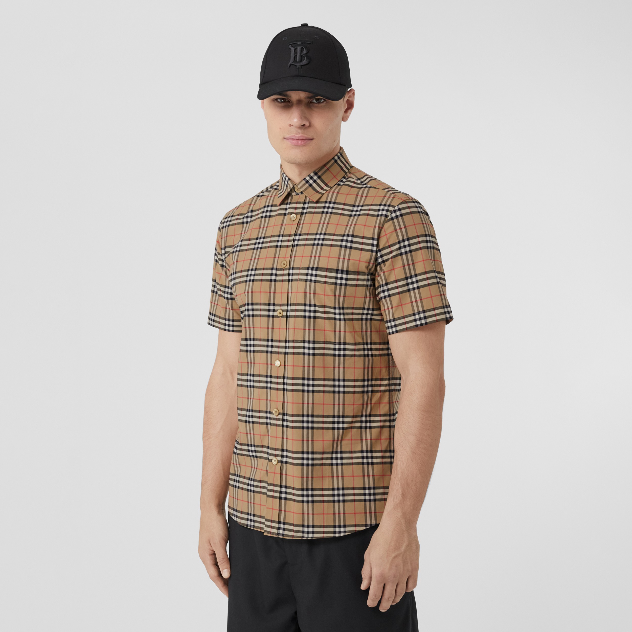 Short-sleeve Small Scale Check Stretch Cotton Shirt in Archive Beige - Men | Burberry® Official - 1