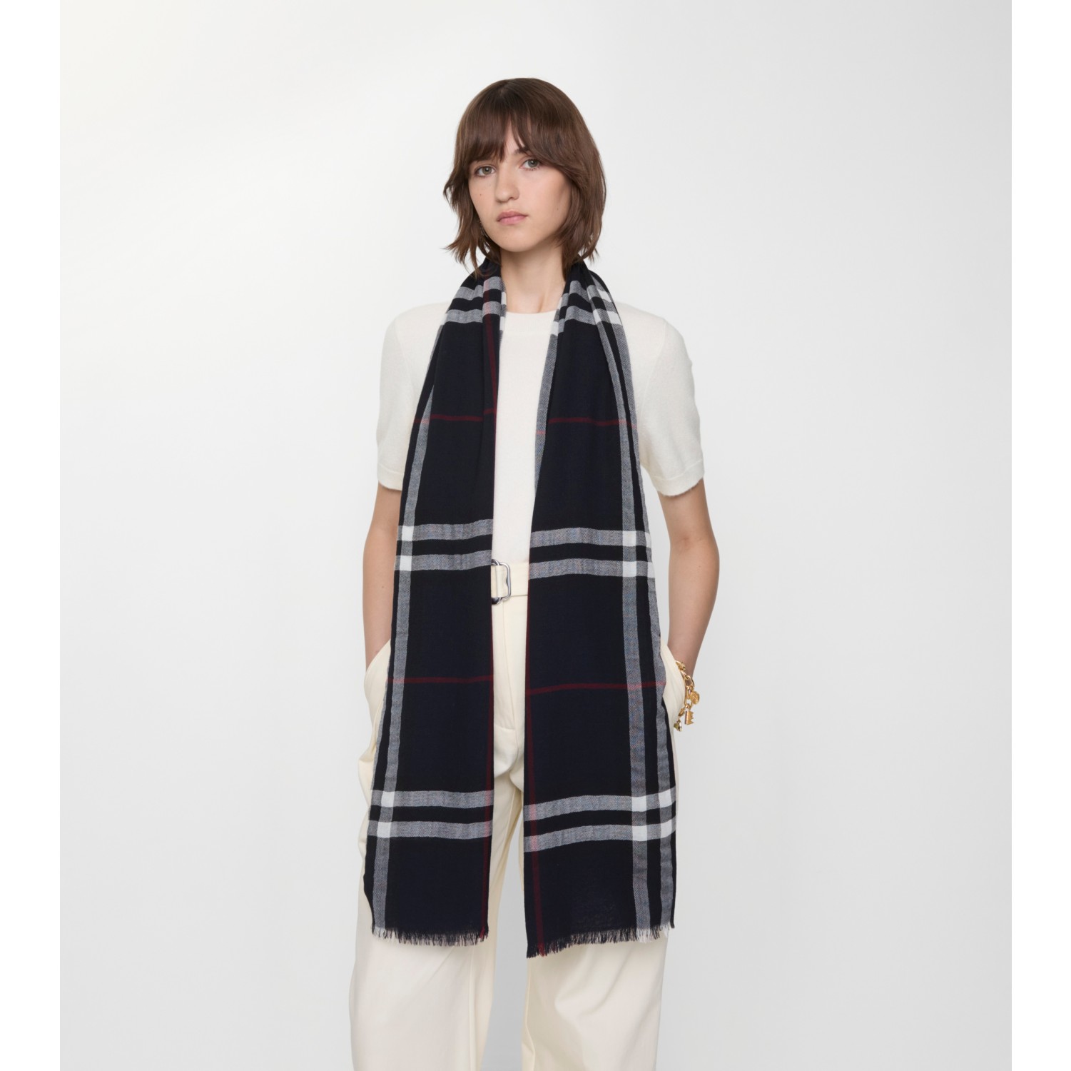 Wide Check Wool Scarf