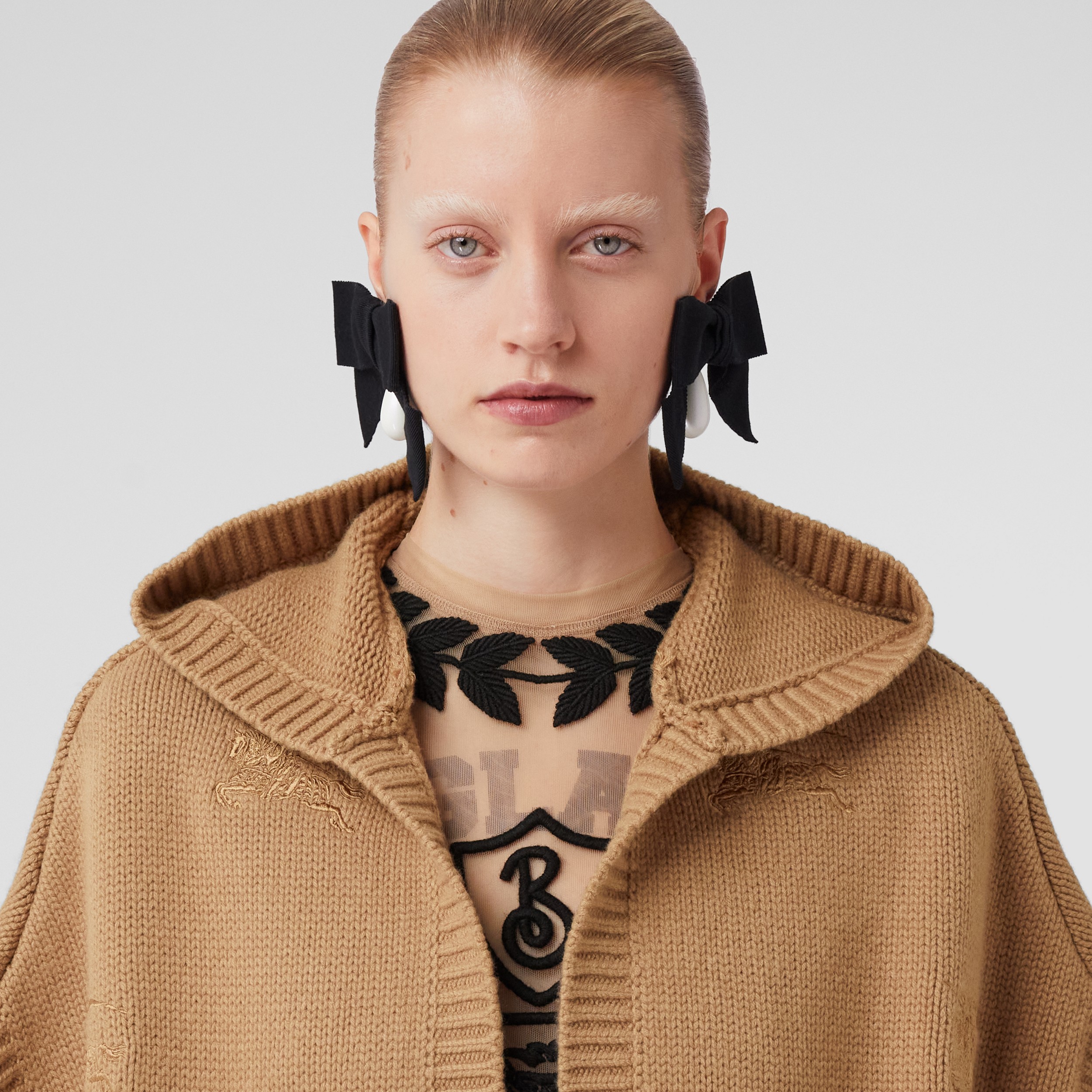 Embroidered EKD Wool Cashmere Hooded Cape in Camel - Women | Burberry® Official - 2