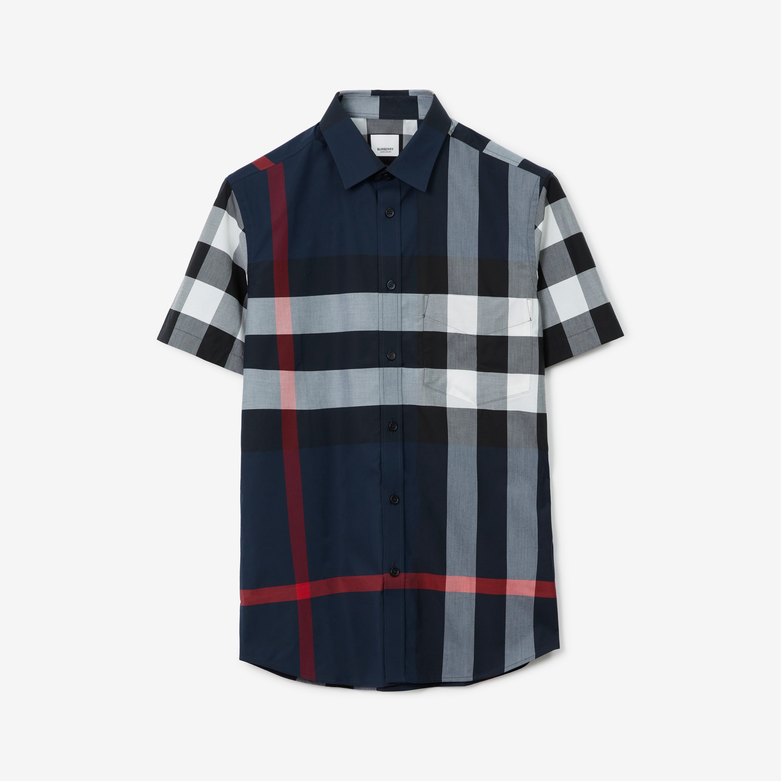 Camisa de mangas curtas em popeline de algodão stretch xadrez (Azul-marinho) - Homens | Burberry® oficial - 1