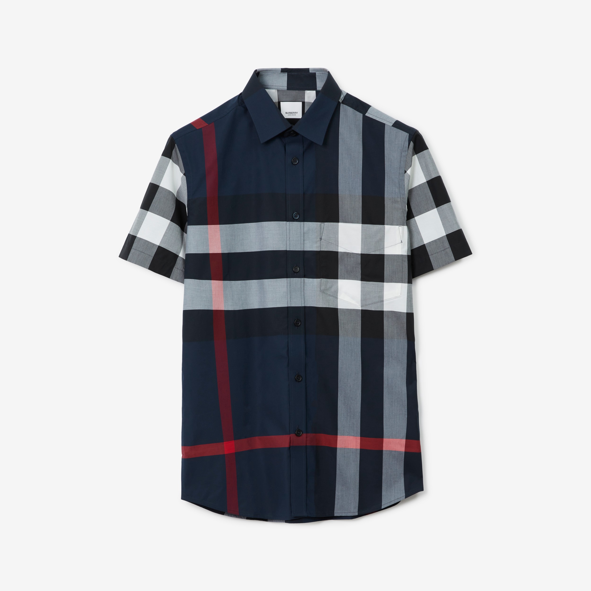 Short-sleeve Check Stretch Cotton Poplin Shirt in Navy - Men | Burberry® Official - 1