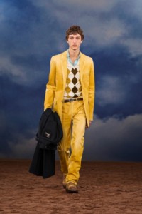 Burberry SS26 Show model Saul Symon wearing a Coated denim tailored jacket and an Argyle knit vest