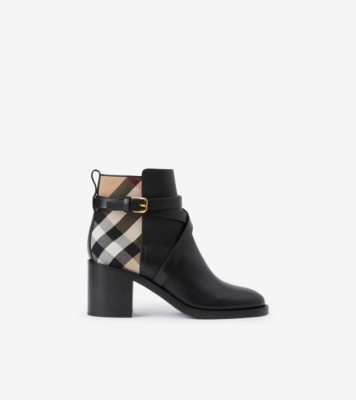 House Check and Leather Ankle Boots in Black archive beige Women Burberry Official