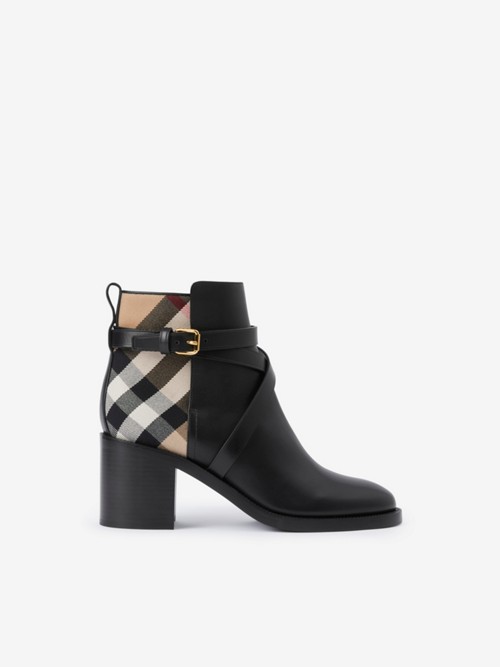 Burberry House Check And Leather Ankle Boots In Black/archive Beige