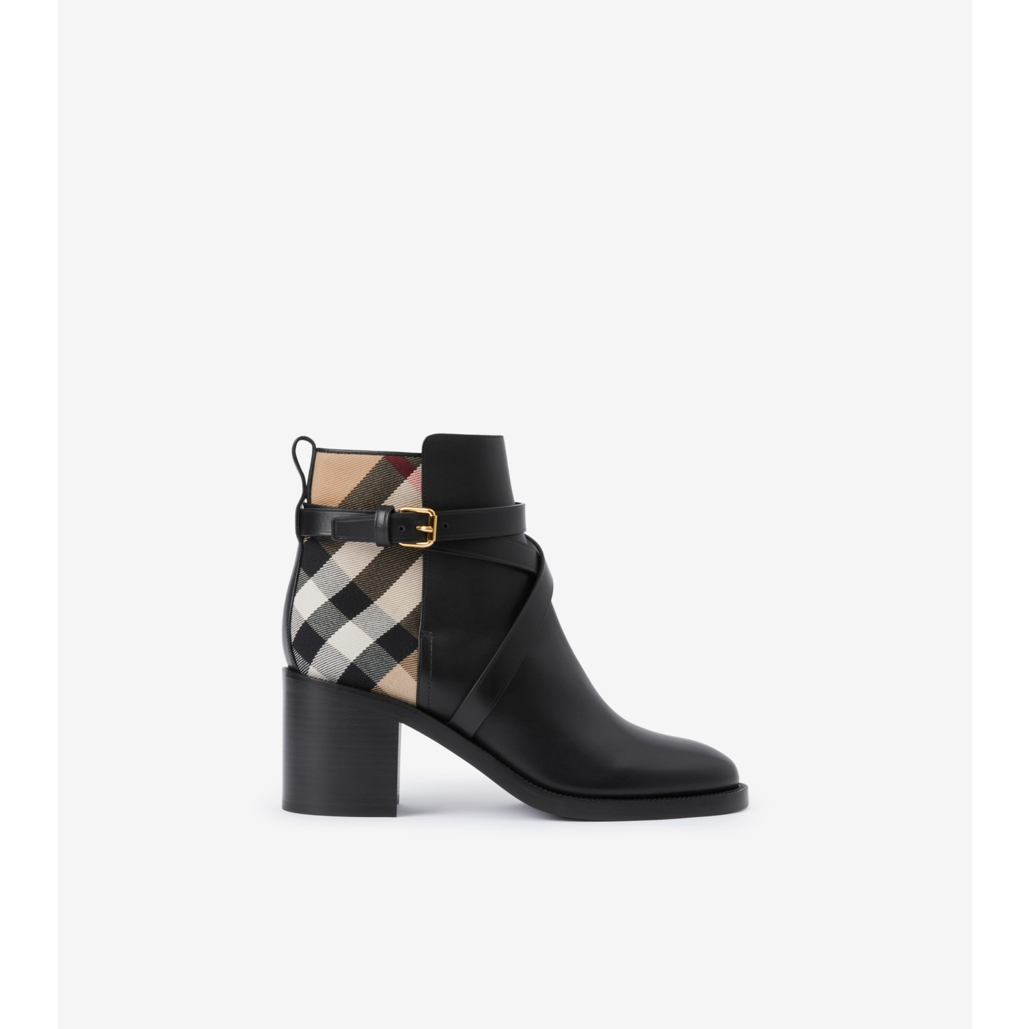 House Check and Leather Ankle Boots in Black/archive beige