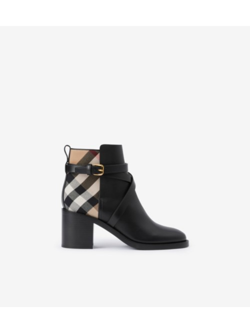 Burberry House Check And Leather Ankle Boots In Black/archive Beige