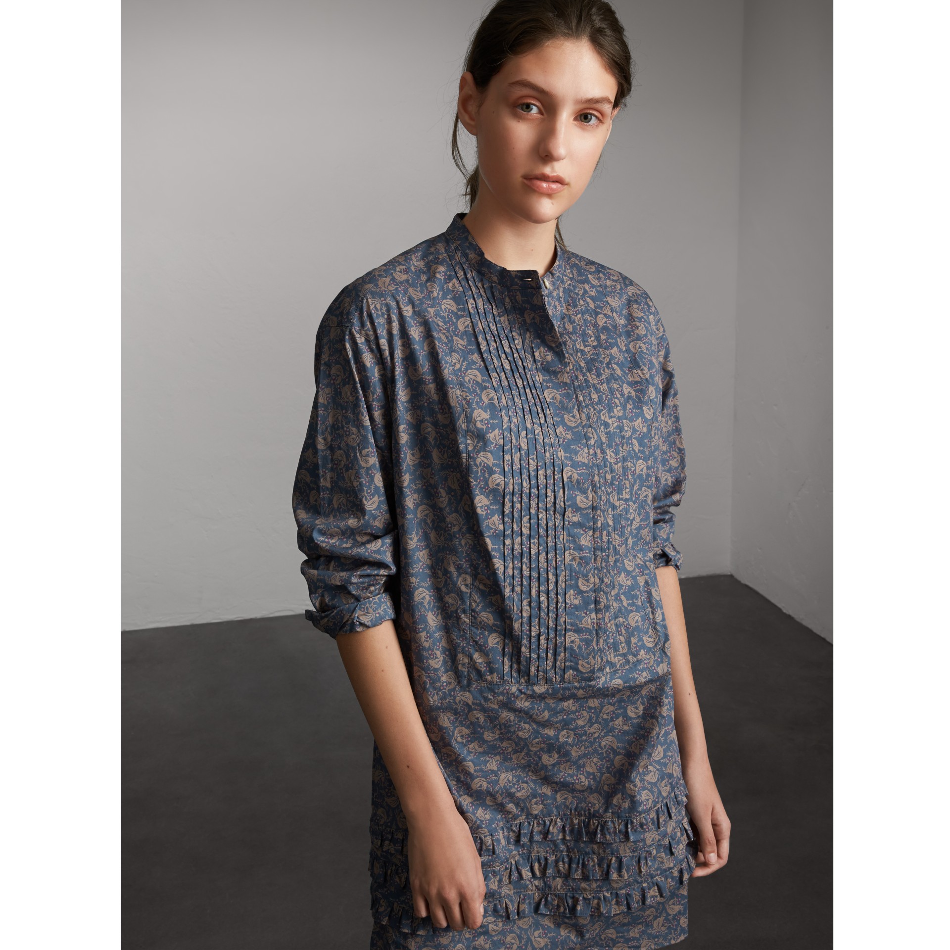 Pintuck Bib Leaf Print Cotton Shirt Dress in Steel Blue Women