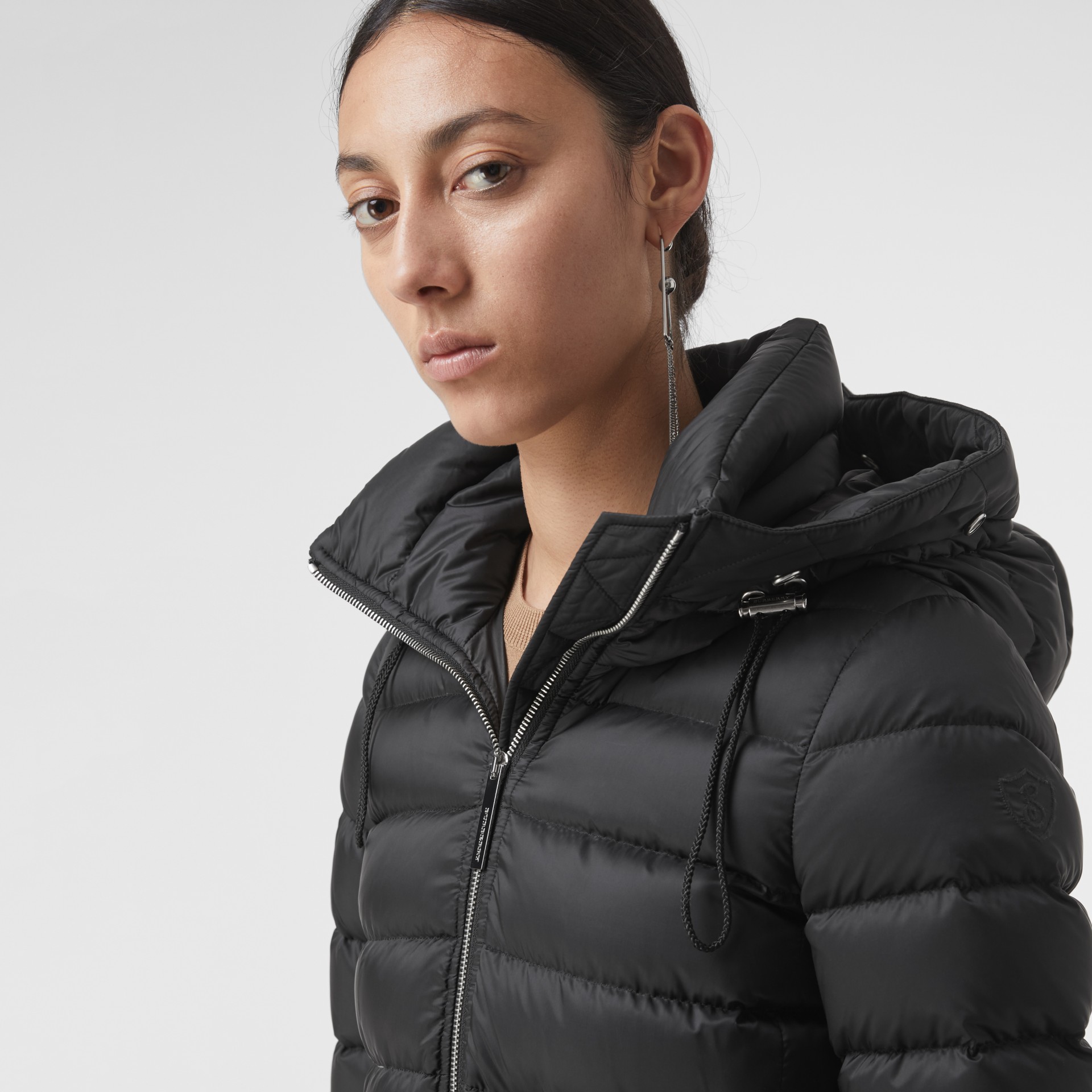 Detachable Shearling Trim Downfilled Puffer Coat in Black Women