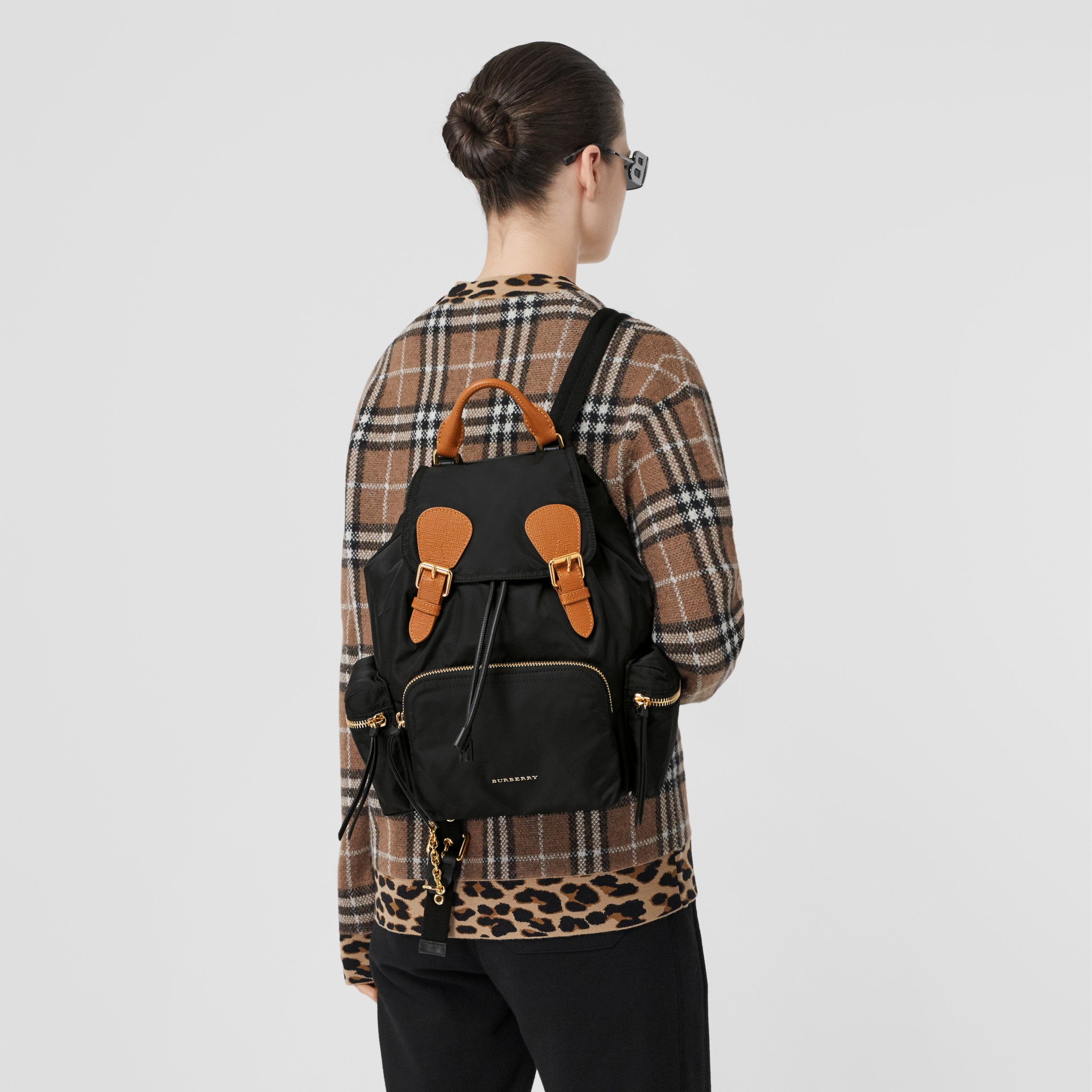 The Medium Rucksack in Technical Nylon and Leather in Black Women