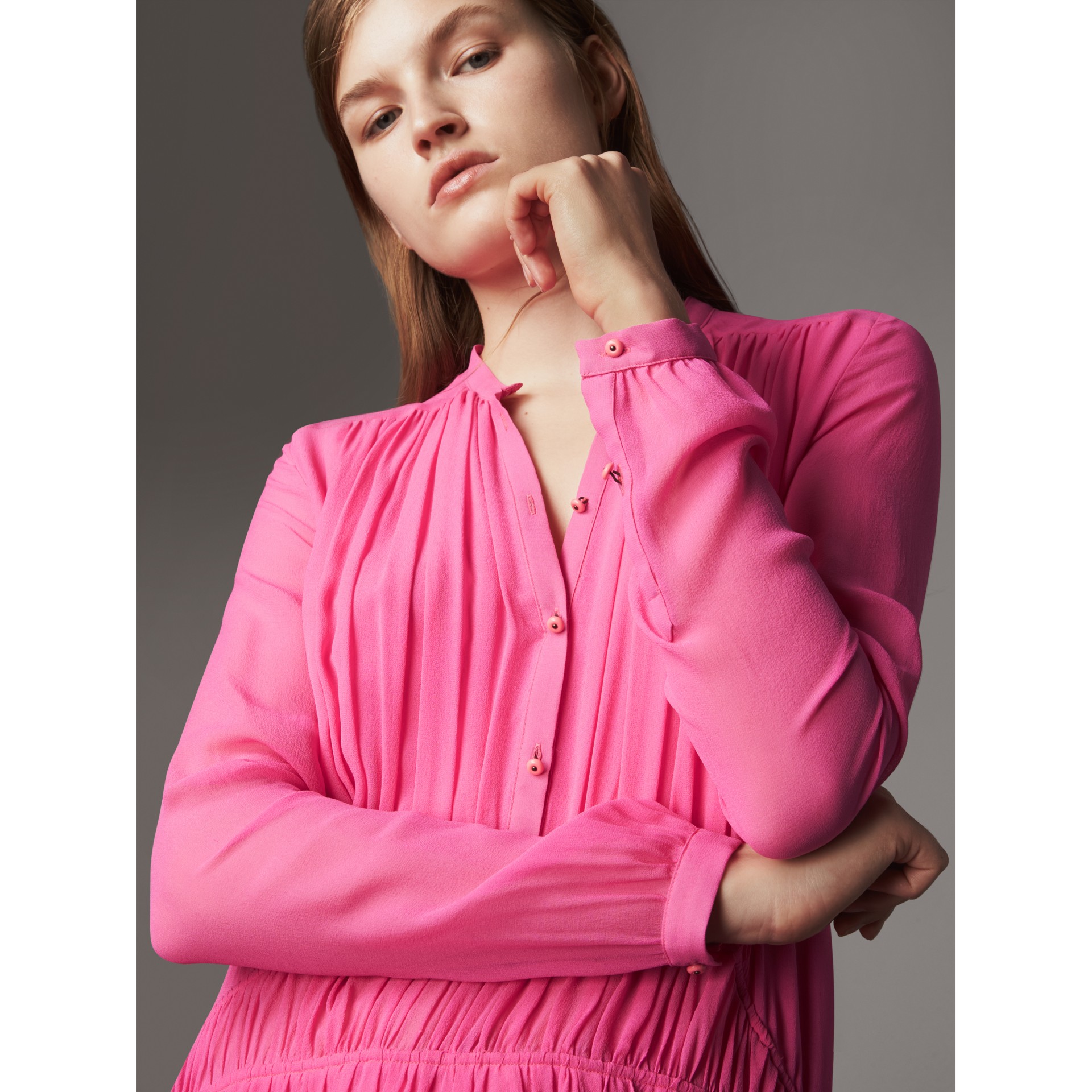 Gathered Silk Georgette Dress in Neon Pink - Women | Burberry United States