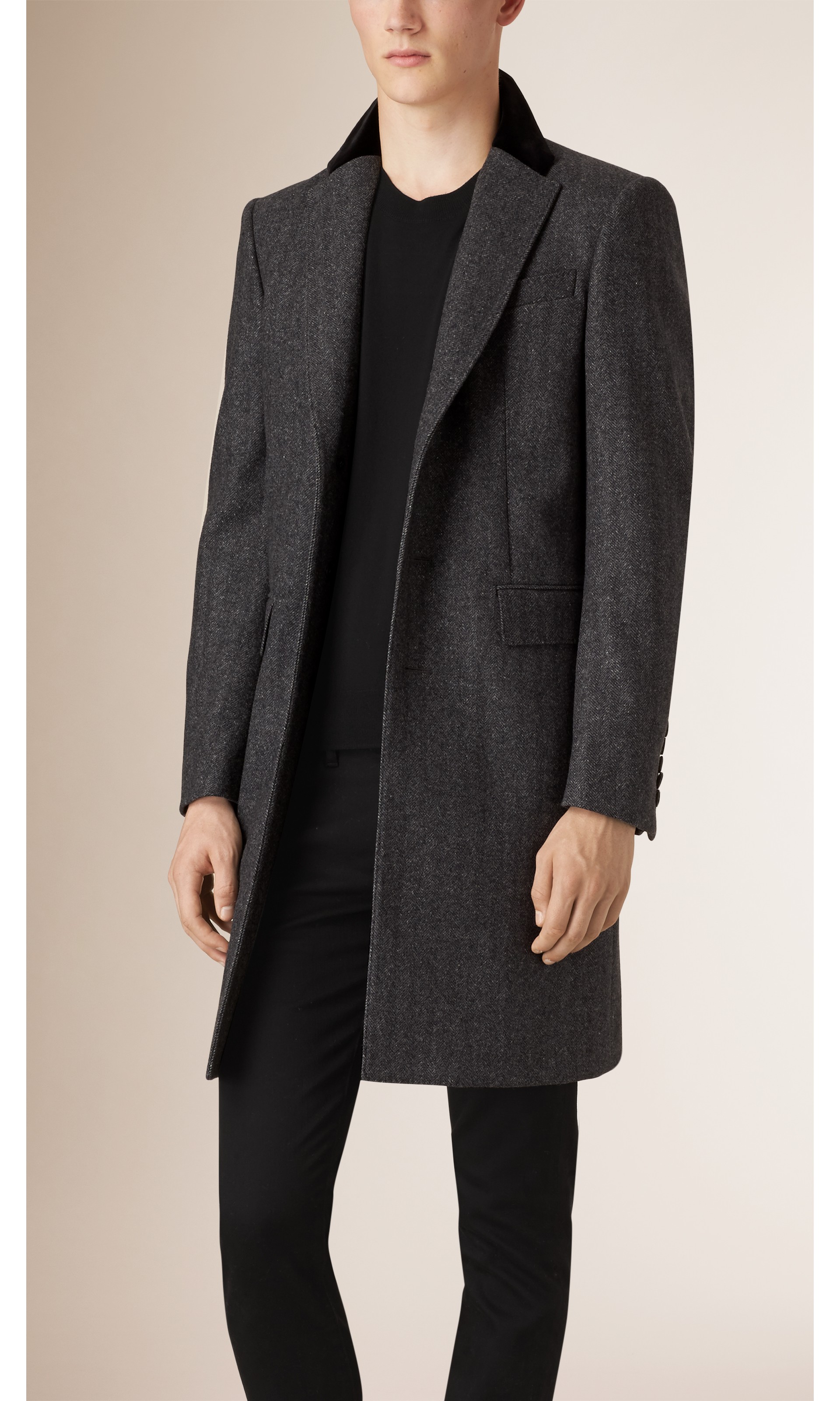 Virgin Wool Cashmere Topcoat with Velvet Topcollar in Charcoal Men