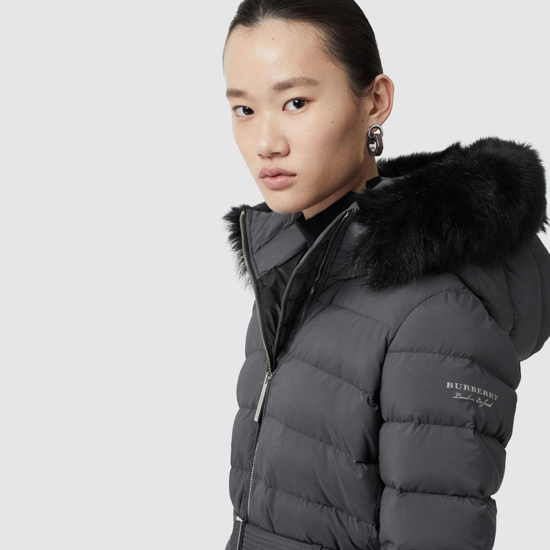 Detachable Shearling Trim Down-filled Puffer Coat in Mid Grey - Women ...