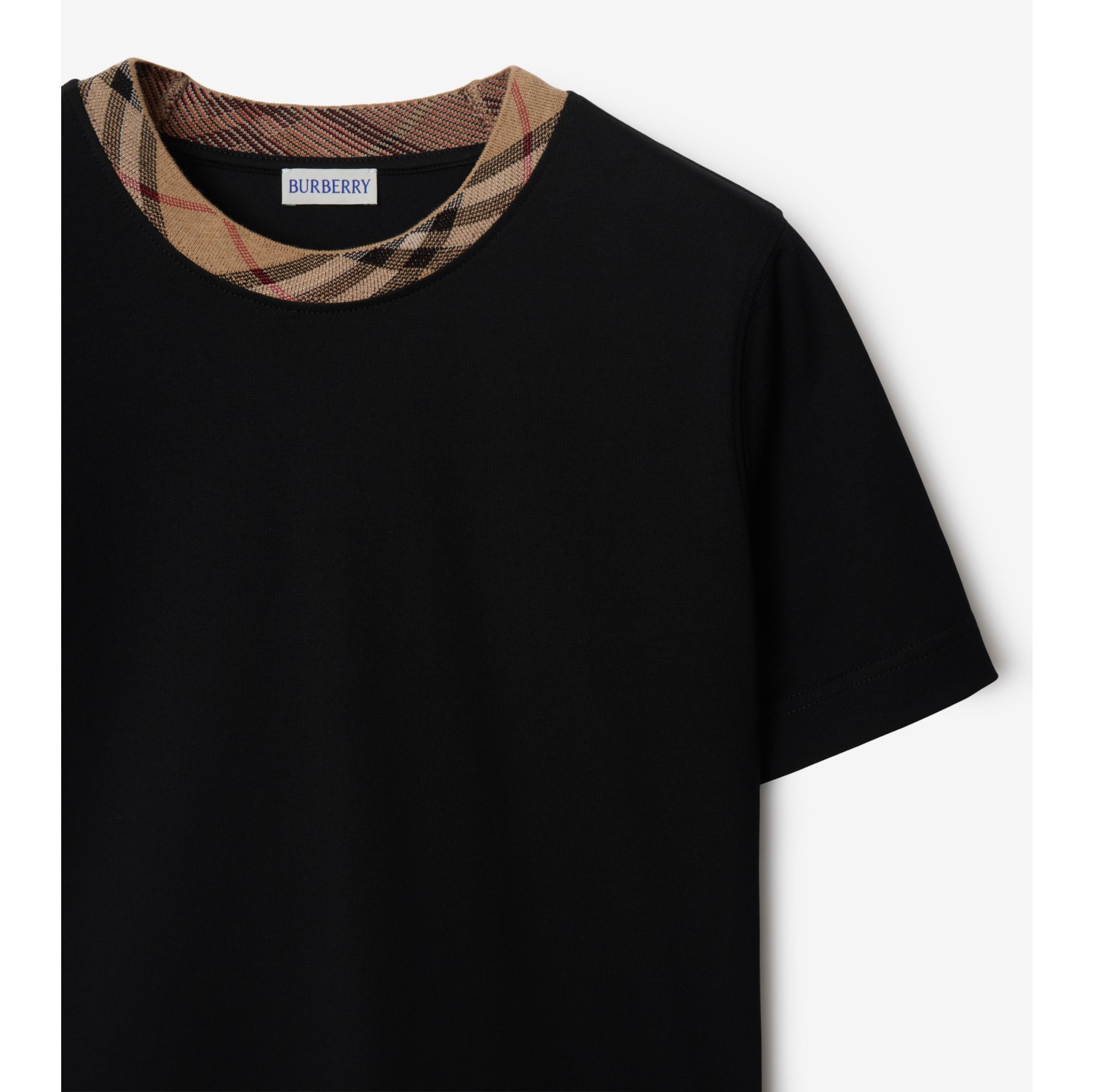 Check Trim Cotton T-shirt in Black - Women | Burberry® Official