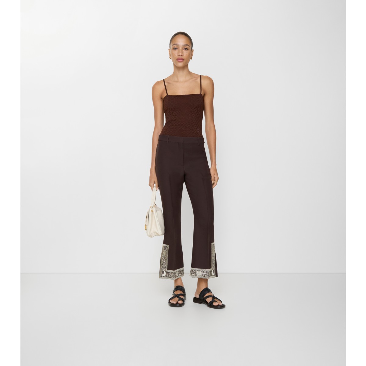  Embroidered Cropped Wool Silk Flared Trousers