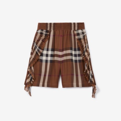 BURBERRY BURBERRY PLEATED RUFFLE DETAIL CHECK SILK GEORGETTE SHORTS