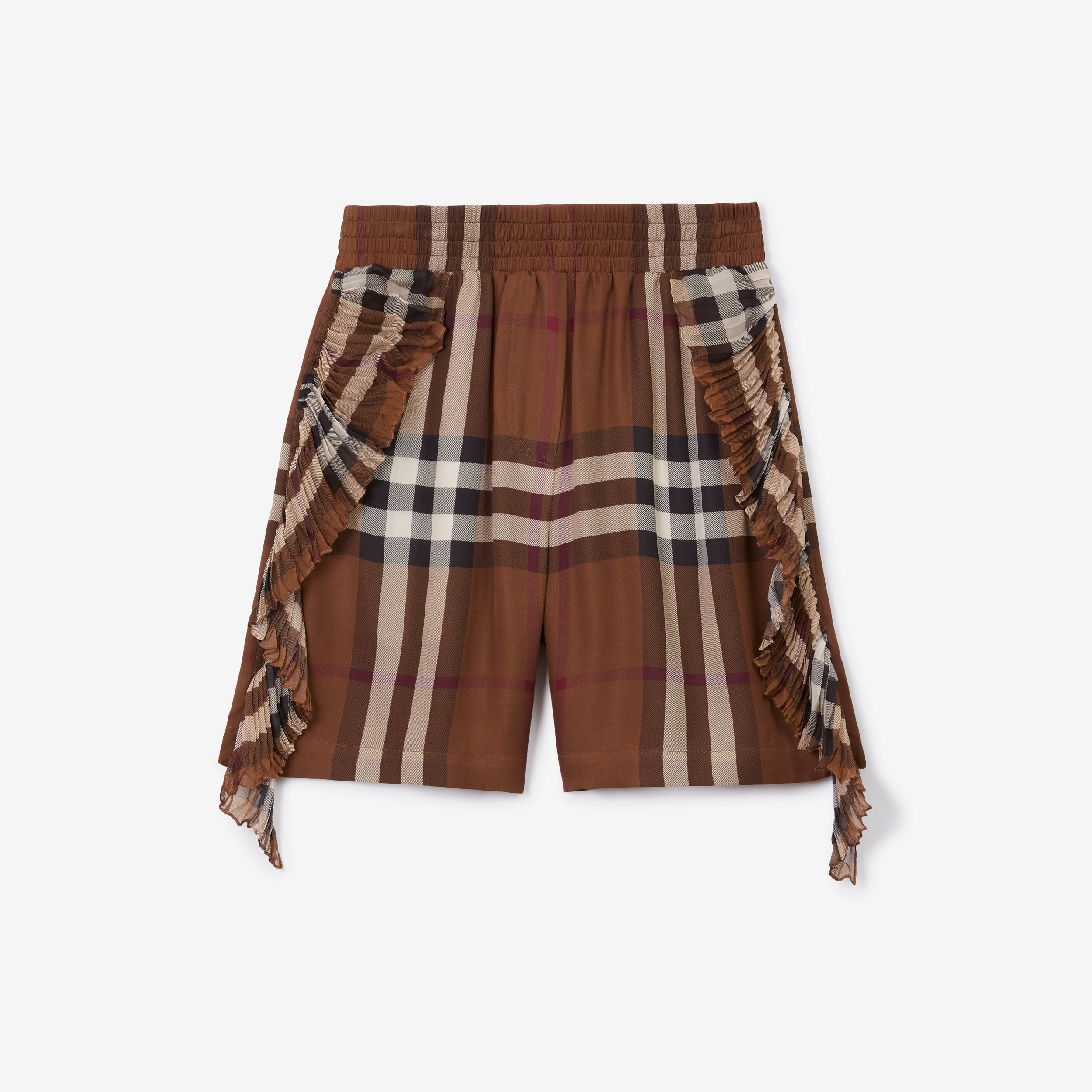 Pleated Ruffle Detail Check Silk Georgette Shorts in Dark Birch Brown - Women | Burberry® Official - 1